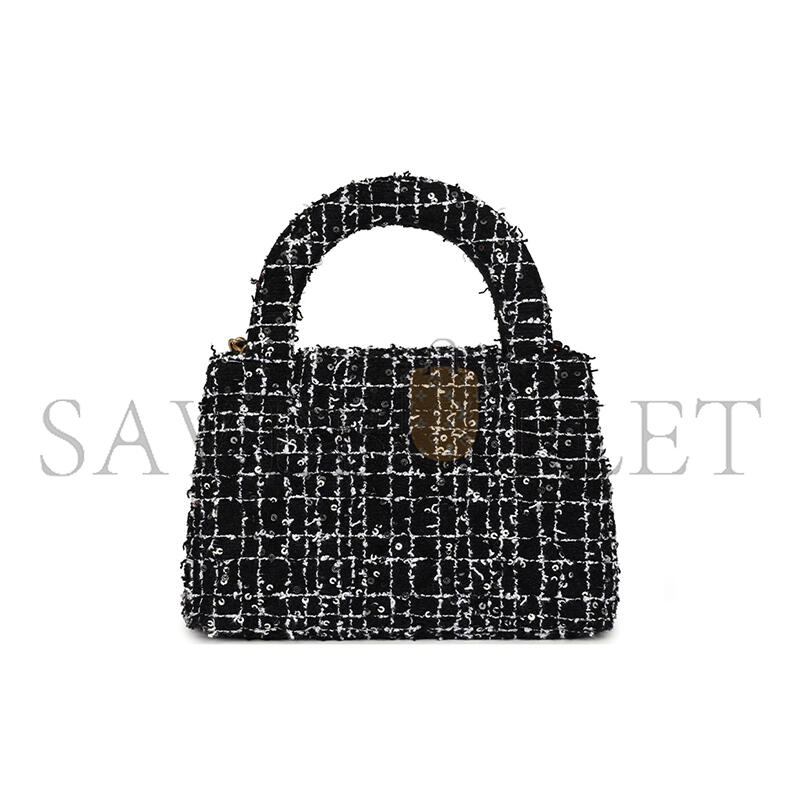 CHANEL SMALL KELLY SHOPPER BLACK, WHITE & SILVER SEQUIN TWEED BRUSHED GOLD HARDWARE AS4416 (19*13*7cm)